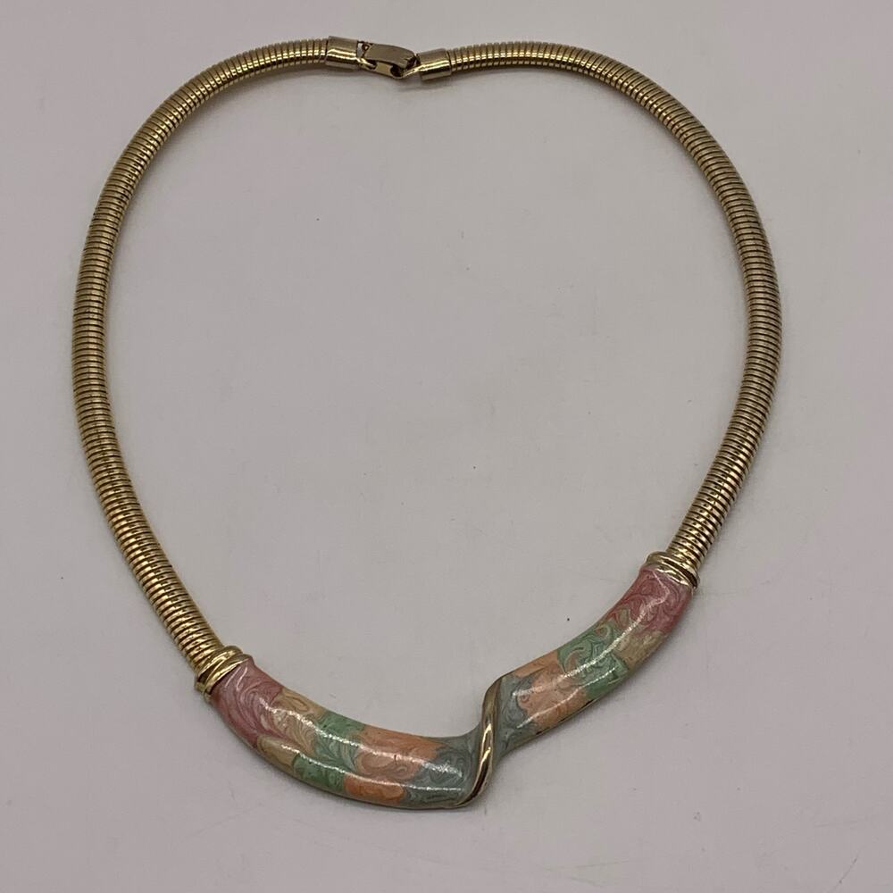 Vintage Gold Tone Snake Chain Pastel Enamel Necklace